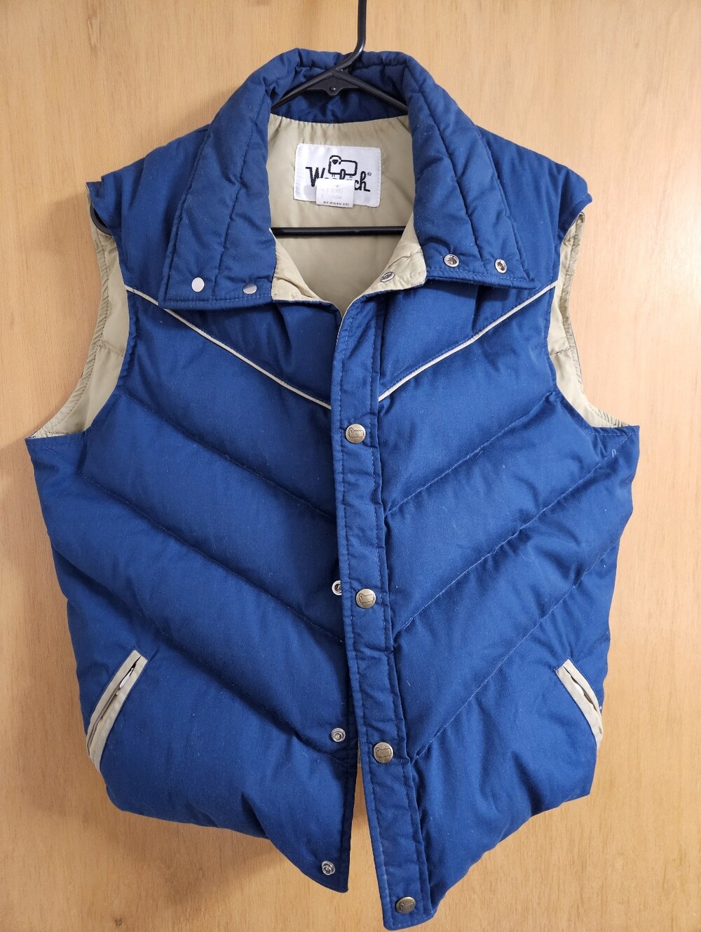 Vintage Woolrich Blue Quilted Puffer Vest with Cream Trim